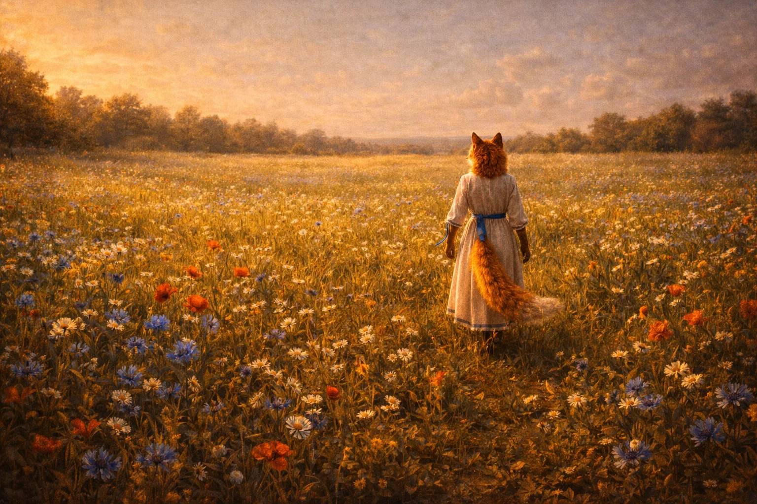 Foxyana in a spring meadow — the bloom after everything, the folk tale's promise kept